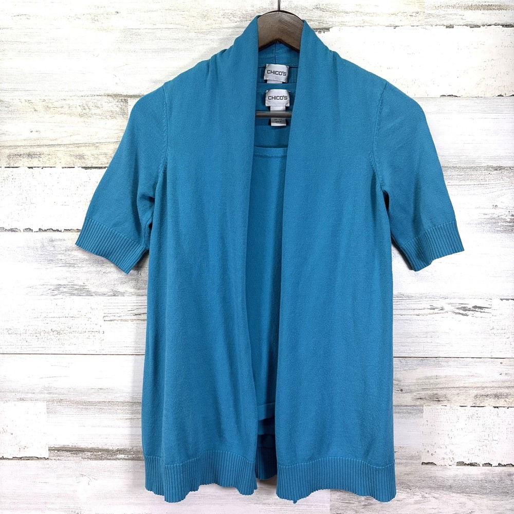 Chicos Womens Turquoise Tank Top & Short Slv Open Front‎ Cardigan Sweater 0/US4